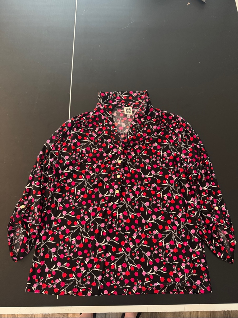 Anne Klein Black Blouse with Pink & Red Floral Print